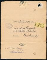 1896 Az S.M.S. Sebenico hadihajó cenzúrázott ajánlott levél Konstantinápolyba / Registered folded letter from the Trieste General Post Office addressed to the command of S.M.S. Sebenico in Constantinople S. M. Schiff ,,Sebenico&#039;  Seal type DL 1a dark gray