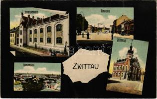 1909 Svitavy, Zwittau; Totalansicht, Jahnturnhalle, Ringplatz, Lesehalle / multi-view postcard. Art Nouveau