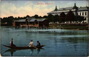 1914 Svitavy, Zwittau; Badeanstalt, Waisen und Armenhaus / spa, bath, lake, boat, orphans (worn corners)