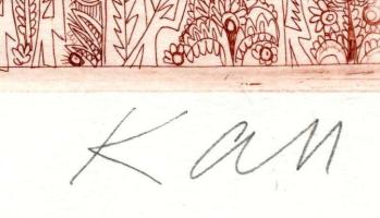 Kass János (1927-2010): Hölgy és kos (cím nélkül). Rézkarc, papír, jelzett. 15×15 cm