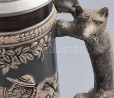 Gerzit német vadász korsó, rókás füllel, ón fedéllel, jelzett, hibátlan, m: 29 cm