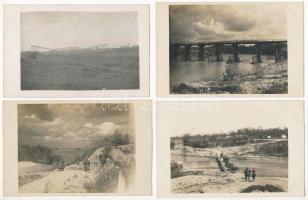 1917 Romania - 4 db eredeti fotó az első világháborúból: katonai hídon átkelés, lövészek a fedezékben / 4 original photo postcards from WWI, military bridge, trench