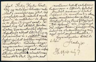 1914 Szendy Árpád (1863-1922) zongoraművész és - tanár, zeneszerző által saját kezűleg írt levele, t...