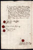 1675 Komárom (Commorn), latin nyelvű irat, két oldalon, 4 db viaszpecséttel