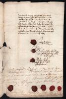 1664 Komárom (Commorn), német nyelvű irat, három oldalon, 8 db viaszpecséttel, sérülésekkel