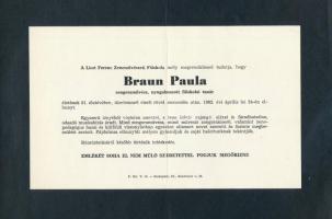 1962 Braun Paula (1881-1962) zongoraművész, zenepedagógus, főiskolai tanár DEDIKÁCIÓJA egy őt ábrázoló fotó hátoldalán, 17x12 cm + 1962 Braun Paula halálozási értesítője.