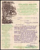 1928 Bécsújhely (Wiener Neustadt), Eduard Mayer vadászati cikkek kereskedője fejléces papírra írt, gépelt levele, aláírással és bélyegzővel, hátoldalán a címzett kézzel írt válaszlevele