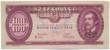 1949. 100Ft "B665 091856" sorozat és sorszámmal illetve "MINTA" perforációval T:AU,XF hajtatlan, több kisebb hajlás/ Hungary 1949. 100 Forint with "B665 091856" serial number and with "MINTA(SPECIMEN)" perforation C:AU,XF unfolded, several smaller bends Adamo F28M1