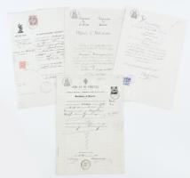 1877-1908 Olaszország, 4 db irat, okmánybélyegekkel, közte három vízjeles papíron