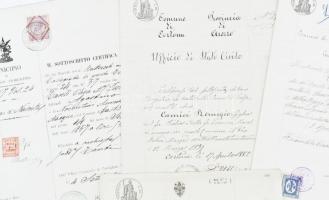 1877-1908 Olaszország, 4 db irat, okmánybélyegekkel, közte három vízjeles papíron
