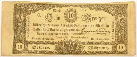 1860. 10Kr K. K. Hauptmünzamt für Silberscheidemünze T:F / Austrian Empire 1860. 10 Kreuzer K. K. Hauptmünzamt für Silberscheidemünze C:F Adamo G93