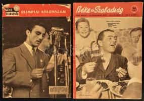 1952-1953 Béke és Szabadság 2 db száma: 1952. aug. 10. olimpiai különszám, a címlapon Papp László, sérült + 1953. dec. 16. sz., a hátoldalon Puskás Ferenc, a 22. oldalon a Honvéd válogatott játékosai: Bozsik, Puskás, Grosics, stb.