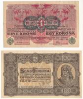 1916. 1K zöld "DEUTSCHÖSTERREICH" felülbélyegzéssel + 1923. 100K nyomdahely-megjelölés nélkül T:F,XF