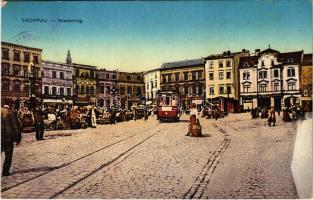 1916 Opava, Troppau; Niederring / square, tram, market, shops + K. u. k. cancellation (worn corners)