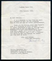 1969 London, Lambeth Palace, Michael Ramsey (1904-1988) Canterbury érsekének gépelt levele, angol nyelven, Neville Masterman (1912-2019) történész, műfordító (többek között magyar nyelvű regényeket ültetett át angolra), a University College of Swansea tanára részére, Ady Endréné Csinszka papírjainak ügyében (?), hajtott.