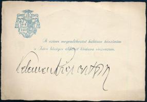 cca 1940 Kelemen Krizosztom (1884-1950) pannonhalmi főapát köszönetnyilvánító kártyája, autográf aláírással, feltehetőleg Völgyesi Ferenc (1895-1967) orvos, pszichiáter és hipnotizőr részére.