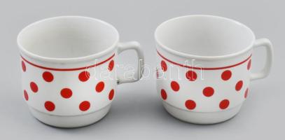 Zsolnay 2 db piros pöttyös porcelán bögre, jelzéssel, kopással, m: 8 cm