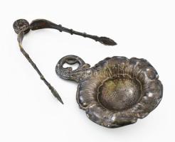 Szecessziós ezüstözött alpakka cukorfogó és filterszűrő, kis kopással, h: 14 cm