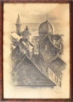 Csernus jelzéssel: Pécs belvárosa, 1948. Ceruza, papír, üvegezett fakeretben. 43x30 cm