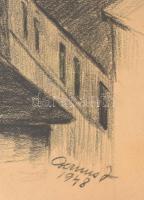 Csernus jelzéssel: Pécs belvárosa, 1948. Ceruza, papír, üvegezett fakeretben. 43x30 cm