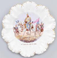 1896 Milleniumi Emlék porcelán dísztál, akasztható, kis kopottsággal, d: 20,5 cm