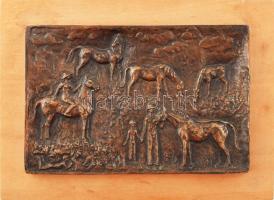 Pató Róza (1934-2018): Lovasok. Bronz fali relief. Fa alapon. 28x19 cm