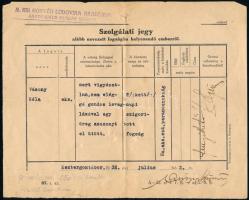 1932 M. kir Honvéd Ludovika Akadémia, akadémikus huszár század, szolgálati jegy fogságba helyezendő emberről, Vásony Béla (1910-1988) akadémikus fogoly, későbbi huszár őrnagy és százados elleni ítélet, M. kir Honvéd Ludovika Akadémia, akadémikus huszár század bélyegzővel, kissé sérült, 17x21 cm.