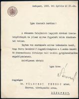 1928 Álgya-Pap (Papp) Sándor (1877-1961) altábornagy, honvédelmi államtitkár gépelt levele Völgyesi Ferenc (1895-1967) orvos, pszichiáter és hipnotizőr részére, államtitkári fejléces papír, autográf aláírásával.
