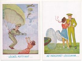 2 db RÉGI magyar katonai humor képeslap Bernáth szignóval: pilóta, ejtőernyős / 2 pre-1945 Hungarian military humour art postcards: pilot, paratrooper