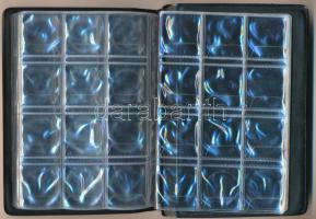 "World Coin Stock" piros műbőr érmetartó album, benne 9db fix berakólappal, laponként 12db...