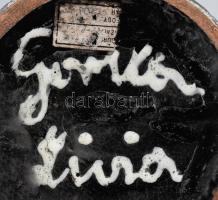 Gorka Lívia (1925 - 2011): Váza. Fekete, narancs hólyagos mázakkal festett kerámia, hibátlan. Jelzet...