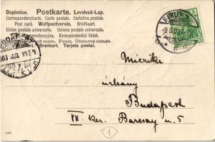 1903 Studentika - kézzel rajzolt tanuló ünneplőben pipával / Studentica - hand-drawn student in unif...