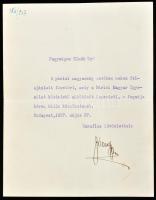 1927 Habsburg József Ágost (1872-1962) főherceg gépelt köszönő sorai, a megküldött Párisi Magyar Egyesület működését ismertető füzetért, a Manheim Lajos, Párisi Magyar Egyesület elnöke részére, autográf aláírásával.