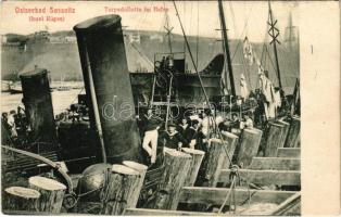 Sassnitz (Insel Rügen), Ostseebad, Torpedoflotte im Hafen /  torpedo boat fleet at the port, crew on board