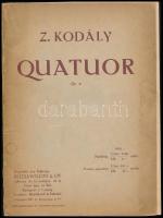 Kodály Zoltán: Quatuor. Op. 2. (Aláírt példány!) Bp., 1910, Rózsavölgyi, 53 p. Első kiadás. Kiadói papírkötés, kissé foltos, sérült borítóval, a címlapon tulajdoni névbejegyzéssel. (Adler Marianne 1910.V.) A szerző, Kodály Zoltán (1882-1967) zeneszerző, zenepedagógus autográf aláírásával.