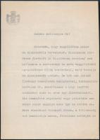 1944 Habsburg-Lotaringiai József Ferenc főherceg (1895-1957) gépelt sorai, "Kedves Méltóságos Ur" megszólítással, azonosítatlan személy részére, a Baross Szövetséggel kapcsolatban. "Bizalmasan kérdezem /levelét is bizalmasan kezelem/ nem kellene-e a keresztény és erős meggyőződésű kereskedőket külön tömöríteni, mely bevárja az alkalmasabb időket. ... A bölcsesség azt tanácsolja nekem, felszínen maradjak az uj Baross Szövetség fővédnöke is." Alcsút, 1944. feb. 24. Autográf aláírással, címeres fejléces papíron, 1,5 gépelt oldal.