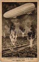 1916 Ein Zeppelin-Kreuzer bombardiert in der Nacht eine englische Stadt / Első világháborús angol város Zeppelin támadás alatt / WWI K.u.k. military, Biritsh town under a Zeppelin airship attack. M.M. S. Nr. 225. + "K.U.K. FELDPOSTAMT 201" (EK)