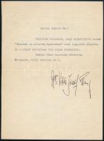 1938 Habsburg-Lotaringiai József Ferenc főherceg (1895-1957) gépelt köszönő sorai, autográf aláírásával, Völgyesi Ferenc (1895-1967) orvos, pszichiáter és hipnotizőr részére. Autográf aláírással, címeres fejléces papíron.