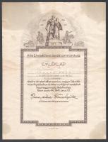 1941 Emléklap Vásony Béla (1910-1988) huszár százados (I. honvéd huszárezred) részére a Délvidék visszafoglalásában való részvételért, Trianon-szoborcsoport Délvidék (Dél) szobrával illusztrált fejléces papíron, Dálnoki Veress Lajos (1889-1976) vezérőrnagy, a 2. lovasdandár parancsnoka nyomtatott aláírásával, M. Kir. I. honvéd huszárezred szárazbélyegzőjével, foltos, hajtásnyomokkal, 31x23,5 cm.