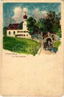 Mühlfeld am Ammersee, Herrsching am Ammersee; church, horse-drawn carriage. Fz. X. Gegenfurtner's Verlag Starnberg. Künstlerpostkarte No. 28. litho (EK)