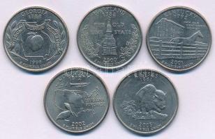 Amerikai Egyesült Államok 1999-2005. 25c Cu-Ni (5xklf) forgalmi emlékkiadások a "Szövetségi Államok" sorozatból, közte Georgia, Maryland, Kentucky, Louisiana, Kansas T:AU,XF USA 1999-2005. 25 Cents Cu-Ni (5xdiff) circulating commemorative coins from the "50 State Quarters" series, in it Georgia, Maryland, Kentucky, Louisiana, Kansas C:AU,XF