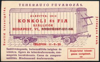 Budapest VI. Konkoli és Fia szállítók reklámlapja. Teherautó fuvarozás. Mindennemű árufuvarozás. Andrássy út 66.