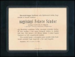 1903 Eperjes, nagyiványi Fekete Sándor levéltárnok, érdemkereszt tulajdonos halálozási értesítője