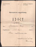 1911 Rákospalota, 2 db adóív, MÁV-alkalmazott részére, bejegyzésekkel, bélyegzőkkel. Hajtva, kissé s...