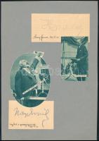 1937 Herczeg Ferenc (1863-1954) író, szerkesztő, a Magyar Revíziós Liga elnökének és Nagy Emil (1871-1956) igazságügy-miniszter aláírásai papírlapokon, kartonlapra ragasztva, mellettük újságkivágásos arcképeikkel.