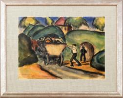 Szantrucsek (Santrucek) Jenő (1903-1965): Expresszív jelent. Akvarell, papír. Jelezve jobbra lent. Üvegezett fakeretben, 29×39 cm / Jenő Szantrucsek (Santrucek) (1903-1965): Expressive scene. Watercolour on paper. Signed. Framed. 29×39 cm