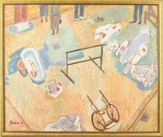Fáber Gabriella (1903 - 1982): Pesti ház udvarán. Olaj, farost, jelezve balra lent, fakeretben, 50×60 cm / oil on wood fibre, signed, framed