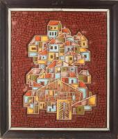 Hegyi György (1922-2002): Napos tengerpart. Olaj, mozaik, farost. Hátoldalán jelzett és Vizualart Alkotóközösség címkéjével. Néhány kevés mozaik hiánnyal. Fakeretben, 60×50 cm