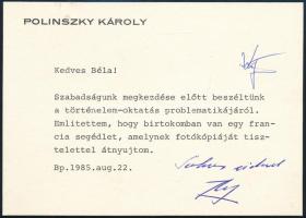 1985 Polinszky Károly (1922-1998) Kossuth-díjas vegyészmérnök, oktatáspolitikus, korábbi művelődési, majd oktatásügyi miniszter gépelt sorai, megküldött tudományos anyag ügyében, autográf aláírásával.