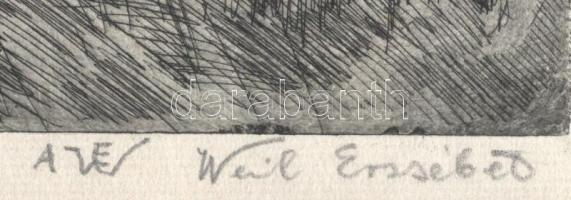 Aszódi Weil Erzsébet (1901-1976): Utca lovaskocsikkal (cím nélkül). Rézkarc, papír, jelzett, próbany...